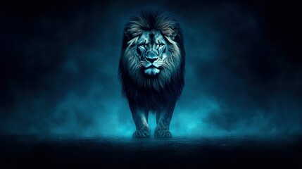 Canvas Print -   A lion stands amidst a dark, foggy night