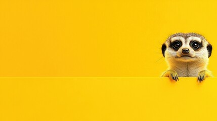 Wall Mural -   A baby meerkat peeks out from behind a yellow wall