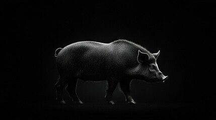 Canvas Print -   A monochrome photograph captures a boar standing in darkness with its head turned slightly