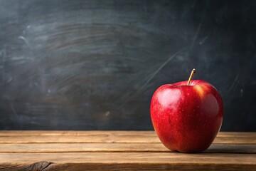 Wall Mural - red apple on wooden table in front of blackboard