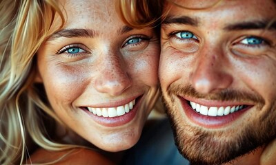 Wall Mural - A couple beams with happiness, embracing each other amidst a backdrop of sunlit waves and soft sand, enjoying their summer love by the shore