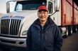 © NikoG - Portrait of a middle aged Asian male truck driver outside the truck during winter