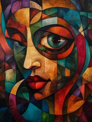 This artwork presents a woman's face composed of vibrant colors and geometric shapes, capturing an intriguing abstract style