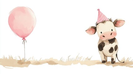 Wall Mural -   A cow in a party hat with a pink balloon on its back, standing in the grass