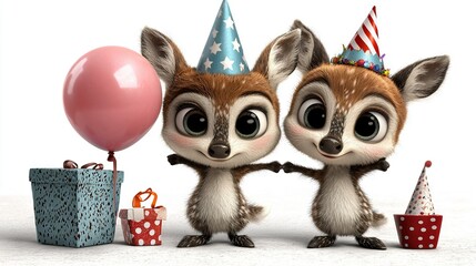 Wall Mural -   A pair of small animals stand beside a gift box and balloons