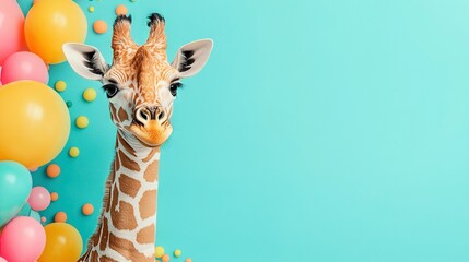 Sticker -   A giraffe standing in front of a blue backdrop with an array of red, green, orange, yellow, purple, pink, and white balloons scattered around it