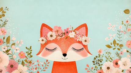 Wall Mural -  Fox with Flower Crown in Field of Flowers