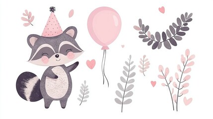 Wall Mural -   A raccoon wearing a party hat and holding a pink balloon in front of a heart-shaped balloon