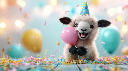 Wall Mural -   A sheep with a party hat holds a balloon in front of confetti and streamers