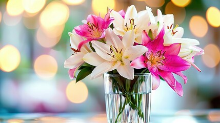 Wall Mural -   A vase brimming with pink and white blossoms graces a table beside a hazy boke of lights