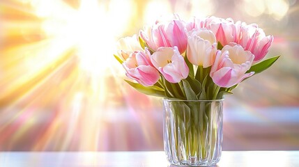 Wall Mural -  A vase with pink and white tulips on a table, bathed in sunlight