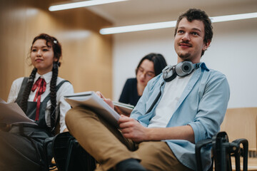 Poster - A group of college students engaged in a lively discussion with their professor between classes. They appear thoughtful and enthusiastic, creating a dynamic learning atmosphere.