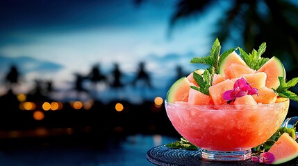 Wall Mural -   A watermelon bowl with mint garnish on a city skyline