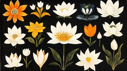 Wall Mural -  A photo of a bouquet of flowers against a black background, with vibrant orange and white petals