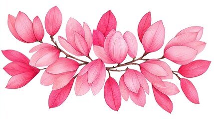 Poster -   A drawing of a branch adorned with pink flowers at its ends and leaves attached to the end of the branch