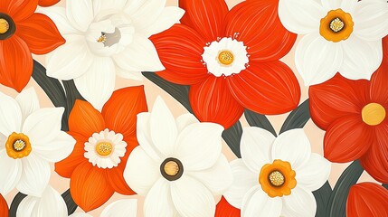 Wall Mural -   A painting featuring red, white, and orange blossoms set against a soft pink backdrop, with a radiant yellow focal point at its center