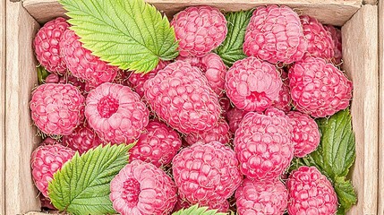 Poster -   A green leaf tops a raspberry atop the center of the box