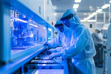 Two specialists dressed in sterile suits carefully inspect silicon wafers extracted from a soldering jet printer in a high-tech electronics manufacturing environment