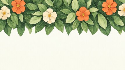 Wall Mural -   Orange and white flowers on green leaves against a white background with space for text or image