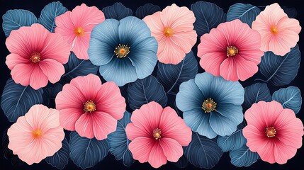 Wall Mural -   Pink, blue, and pink flowers with gold center and surrounding smaller blue flowers against a black background