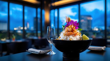 Poster -   A table holds a bowl of food and wine, facing a city view through a window