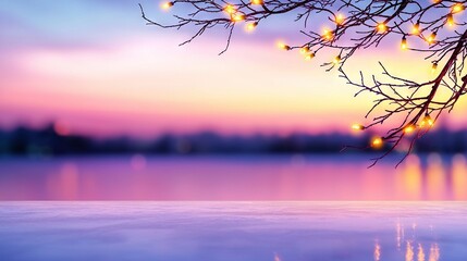 Wall Mural - a tree branch with lights dangling from its limbs in front of a water body with a sunset backdrop