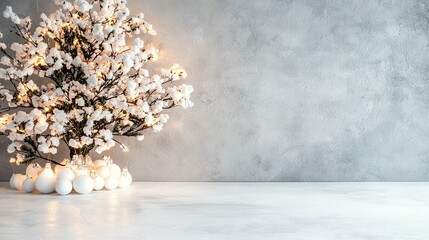 Poster -   A vase filled with white flowers sits on a white countertop, adjacent to a white vase holding white eggs