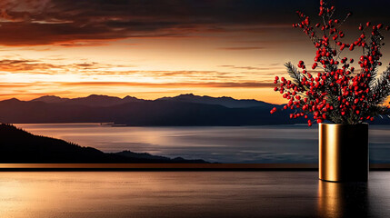 Wall Mural - a red-filled vase sits on a table near a lake and mountain view