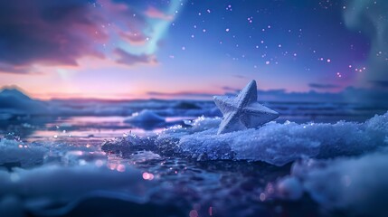 star floating on an ice shelf in the middle of an aurora borealis