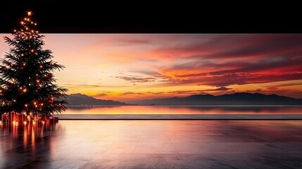 Wall Mural - a christmas tree sits on a tiled floor beside a large window with a sunset in the background