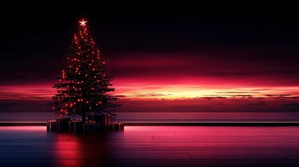 Wall Mural - a lit-up christmas tree on a wooden floor beside a large body of water at night