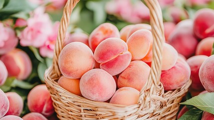 Poster -   A basket brimming with numerous peaches nestled near a cluster of peaches and vibrant pink blossoms