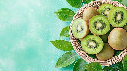 Poster -   A basket brimming with kiwi fruit placed atop a green cloth resting on a blue backdrop