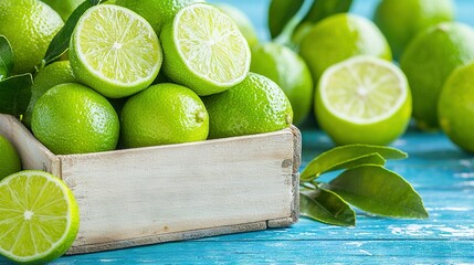 Poster -   A wooden crate containing limes sits atop a blue table beside a cluster of green leaves