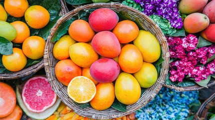 Poster -   A close-up of a basket of fruit featuring a halved grapefruit