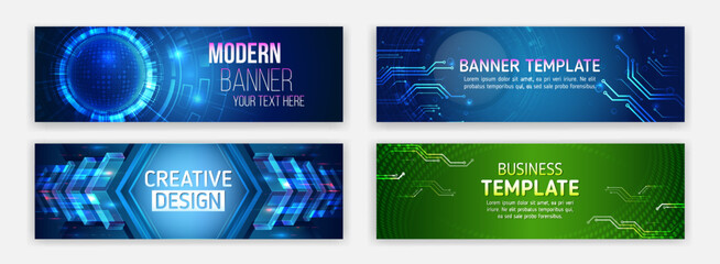 Fototapete - Data protection, internet communication, science, big data, cover design set. Sci-fi vector sample concept. High-tech horizontal banner template. Modern banner design with technology element.