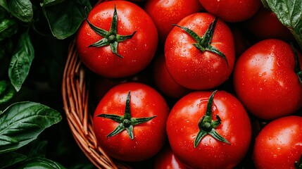 Wall Mural -   A wicker basket brimming with ripe red tomatoes, topped with vibrant green foliage