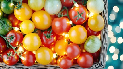 Poster -   A basket brimming with diverse red, yellow, and green tomatoes rests beside a twinkling string of lights on a table