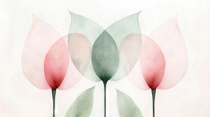 Poster -   A painting of three pink flowers with green leaves on a white background featuring a light pink backdrop