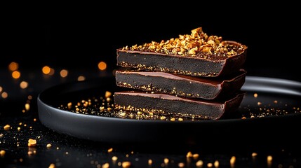 Wall Mural -   Three-piece chocolate cake on black table with gold sprinkles against black backdrop