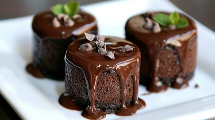 Wall Mural -  A white plate, topped with two chocolate cakes, covered in chocolate frosting, and sprinkled with chocolate chips and mint