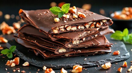 Wall Mural -  Chocolate bars with nuts & mint on slate platter, topped with a sprig of mint