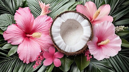 Poster -   A pair of pink blossoms resting atop a verdant carpet of foliage, adjacent to a severed coconut