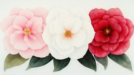 Wall Mural -   A painting of three large flowers with emerald leaves against a white backdrop, featuring a crimson bloom and a rose-pink petal