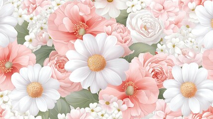 Sticker -   A collage of white and pink flowers on a pink-white backdrop, adorned with leaves and additional floral elements