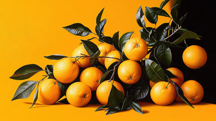 Poster -   A painting depicts an array of vibrant oranges with lush green foliage adorning the uppermost orange on the canvas's base