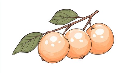 Poster -  Three apricots on a white background, with a green leaf at the end of a branch