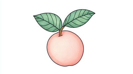 Poster -   Drawing of a peach with a leaf protruding from its center and a green leaf extending from its core