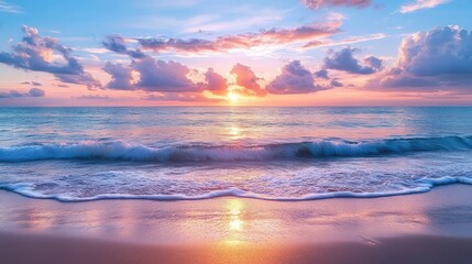 Wall Mural - Ocean waves washing over pink sand beach at sunset