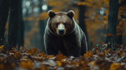 Wall Mural - large brown bear standing in the forest in autumn